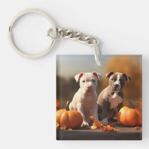 Pitbull Pup Herfst Plezier Pompoen Sleutelhanger