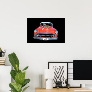Pitbull Puppy op een stijlvolle rode auto, Poster
