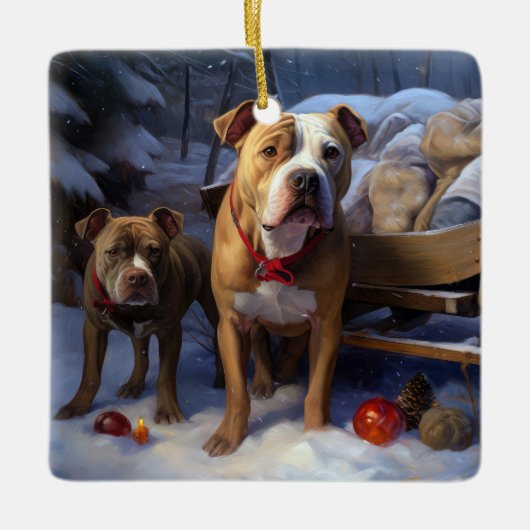 Pitbull Snowy Sleigh Kerst Decor Keramisch Ornament (Voorkant)
