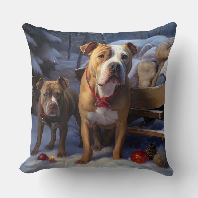 Pitbull Snowy Sleigh Kerst Decor Kussen (Voorkant)