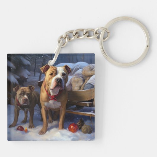 Pitbull Snowy Sleigh Kerst Decor Sleutelhanger (Achterkant)