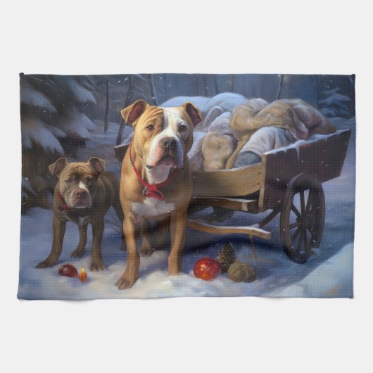 Pitbull Snowy Sleigh Kerst Decor Theedoek (Horizontaal)
