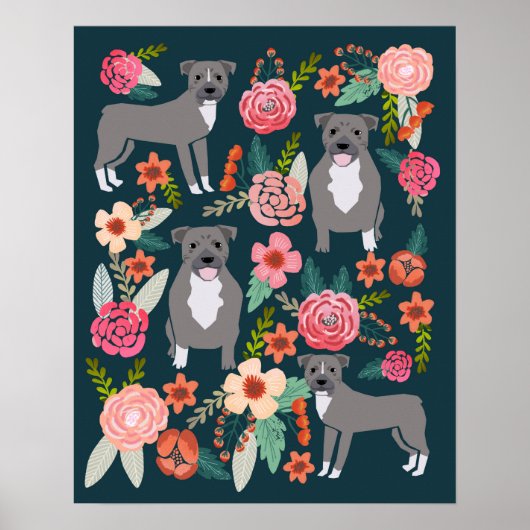 Pitbull Terrier Floral Dog Art Poster (Voorkant)
