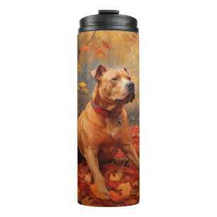 Pitbull tussen herfstbladeren zorgt voor inspirati thermosbeker