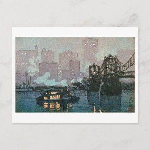 Pittsburgh bij nacht, Hiroshi Yoshida, Woodcut Briefkaart