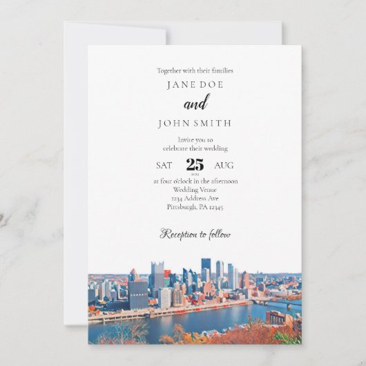 Pittsburgh Skyline Wedding Invitation Kaart (Voorkant)