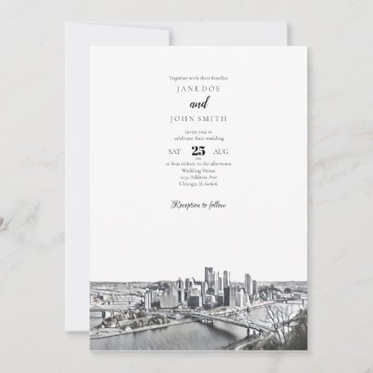 Pittsburgh Skyline Wedding Invitation Kaart (Voorkant)