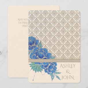 Pivoines bleues & damas ~ Carte d'invitation