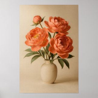 Pivoines corail dans un vase en ivoire Affiche flo
