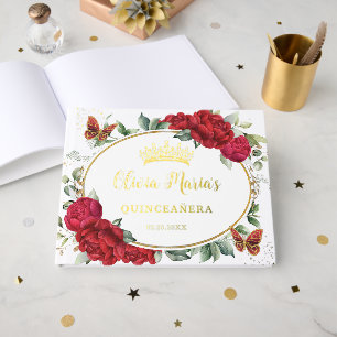 Pivoines Rouges Papillons Floraux Quinceanera Or