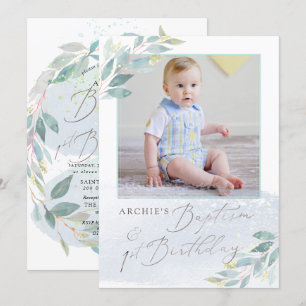 PixDezine Baptism+1st Birthday Waterverf Greenery Kaart