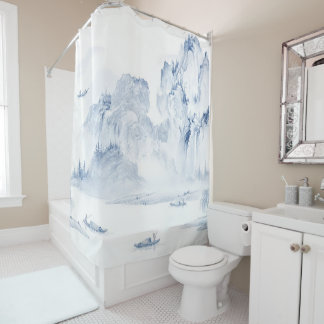 PixDezine Blauwe Chinoiserie Vallei Leven Landscha Douchegordijn