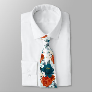 PixDezine H2 Bloemen Turquoise en Roest Oranje Stropdas