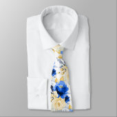 PixDezine H2 Flowers Cerulean Blue Gold Rozen Stropdas (Gebonden)