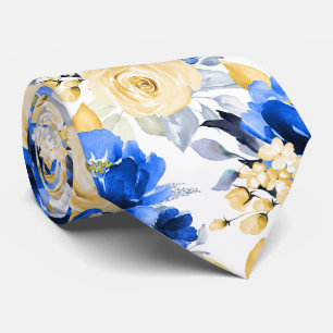 PixDezine H2 Flowers Cerulean Blue Gold Rozen Stropdas