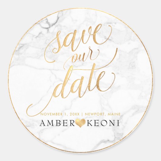 PixDezine Marmer/Faux Gold Save Onze Datum Ronde Sticker (Voorkant)