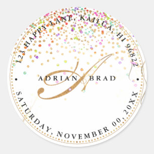 PixDezines A-Z Script Monogram, Regenboog Confetti Ronde Sticker