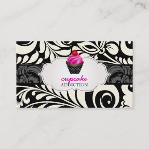 PixDezines aardbei krullen cupcake+damask Visitekaartje