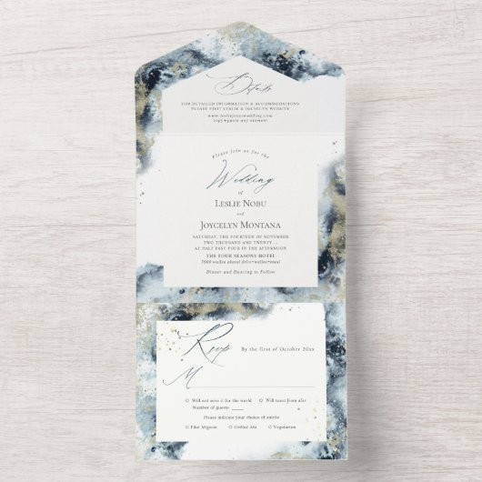 PixDezines Abstract Galaxy Midnight Blue Gold All In One Uitnodiging (Binnen)