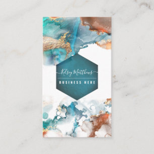 PixDezines Abstract Waterverf Koper Goud Teal Visitekaartje