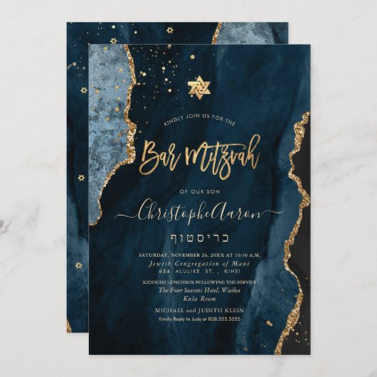 PixDezines Agate H2, Slate Blue Gold Invitation (Devant / Derrière)