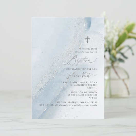 PixDezines Alcohol+Ink Stoffig Blauw Zilver Doop Kaart (Staand voorkant)