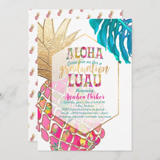 PixDezines Aloha Ananas/Roze/Afstuderen Luau Kaart (Voorkant / Achterkant)
