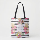 PixDezines Aloha Pineapple+Floral+Black Stripes Draagtas (Voorkant)