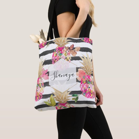 PixDezines Aloha Pineapple+Floral+Black Stripes Draagtas (Dichtbij)