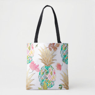 PixDezines Aloha Pineapple+Floral Waterverf Tote Bag