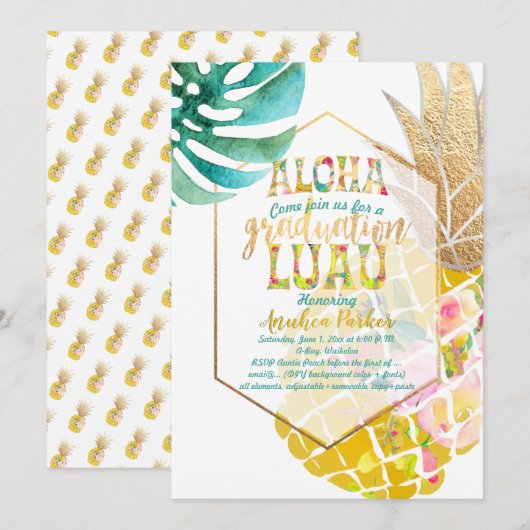 PixDezines Aloha Pineapples/Golden/Afstuderen Luau Kaart (Voorkant / Achterkant)