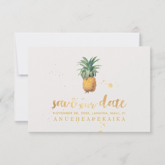 PixDezines  Ananas/Faux Gold BrushScript Save The Date (Voorkant)