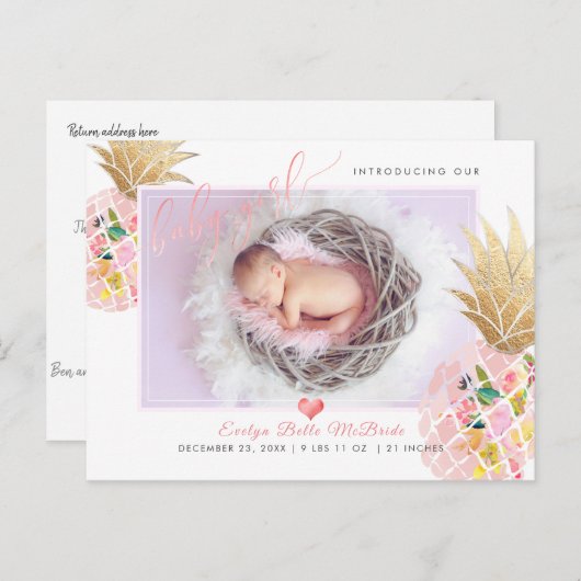 PixDezines Ananas+Meisje, Faux Folie Script Aankondigingskaart (Voorkant / Achterkant)