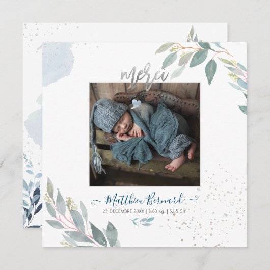 PixDezines Aquarelle Faire-part de NaissanceGarçon Kaart (Voorkant / Achterkant)