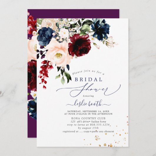 PixDezines Automne Blush Navy H2 Fleurs Invitation (Devant / Derrière)