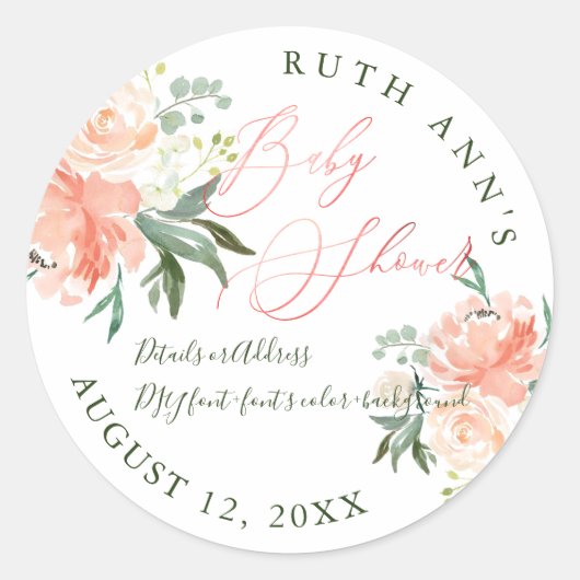 PixDezines Baby shower, Bloemen Waterverf, Perzik Ronde Sticker (Voorkant)