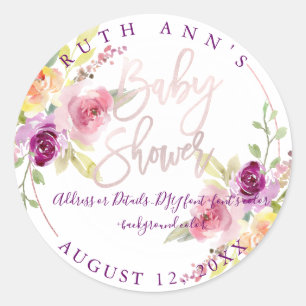 PixDezines Baby shower, Bloemen Waterverf, Pruim Ronde Sticker