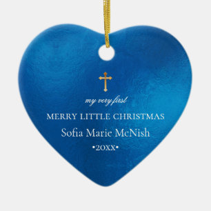 PixDezines Baby's 1e Kerstfoto, Azure Blue Keramisch Ornament