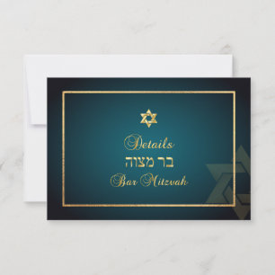 PixDezines Bar Mitswa Details info blauwgroen+gold RSVP Kaartje