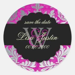 PixDezines Barok Damask/Faux Silver+Pink/Magenta Ronde Sticker