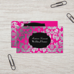 PixDezines barokke damast faux zilver/hot pink Visitekaartje