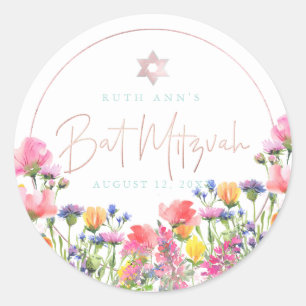 PixDezines Bat Mitswa, Waterverf Wilde Bloemen Ronde Sticker