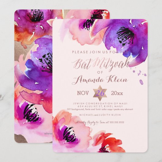 PixDezines ✡ Bat Mitzvah/Floral Waterverf Kaart (Voorkant / Achterkant)
