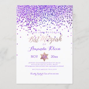 PixDezines Bat Mitzvah/Paars/Roos Gold/Confetti Kaart
