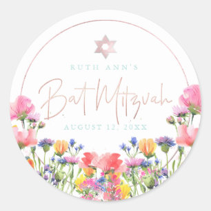 PixDezines Bat Mitzvah, Waterverf Wildflower Ronde Sticker