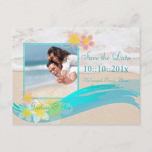 PixDezines beach+plumeria, datum opslaan/doe-het-z Aankondigingskaart (Voorkant)