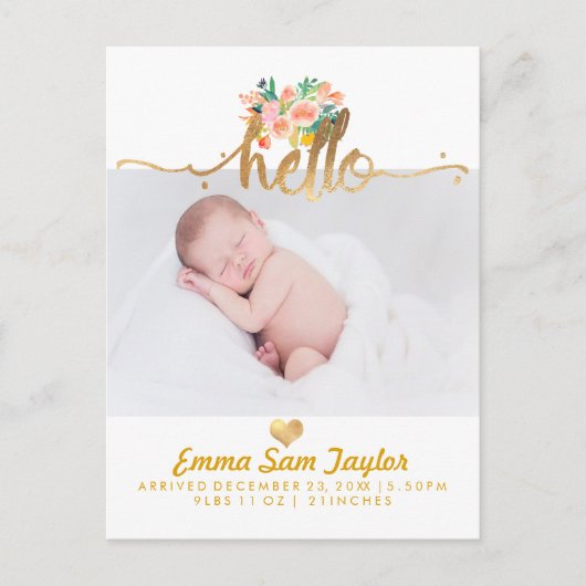 PixDezines Birth Announcement/Floral Waterverf Aankondigingskaart (Voorkant)