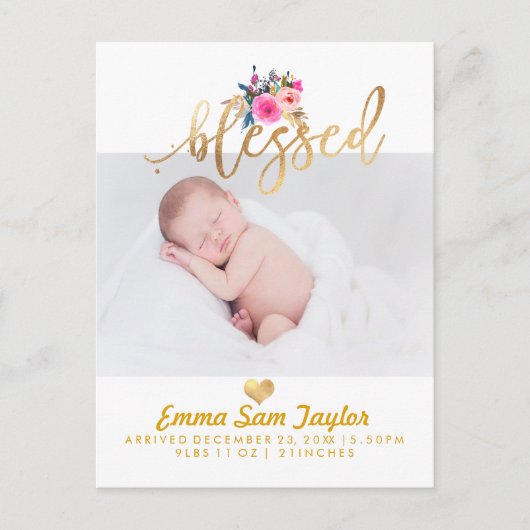 PixDezines Birth Announcement/Floral Waterverf Aankondigingskaart (Voorkant)