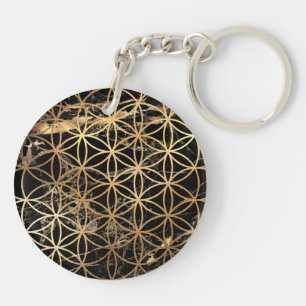 PixDezines Bloem des Levens / Nep Goud+Marmer Sleutelhanger