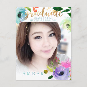 PixDezines Bloemen Watercolor Afstudeer foto Aankondigingskaart